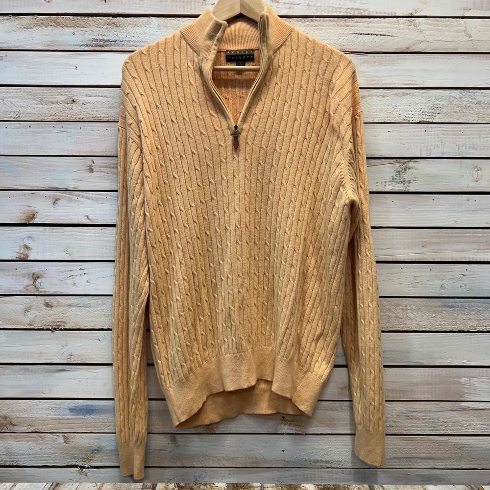 Robert Talbott Peach‎ Cashmere Cotton Cable Knit Quarter Zip Sweater M